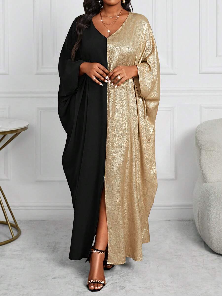 SHEIN Lady Plus Size Vrouwen Contrasterende Kleur V-hals Vleermuismouwen Lange Mouw Losse Casual Jurk, Herfst/Winter, Valentijnsdag