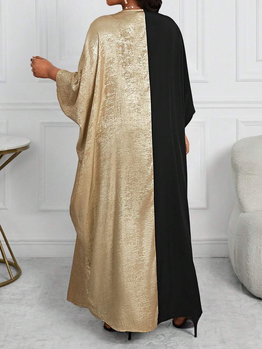 SHEIN Lady Plus Size Vrouwen Contrasterende Kleur V-hals Vleermuismouwen Lange Mouw Losse Casual Jurk, Herfst/Winter, Valentijnsdag