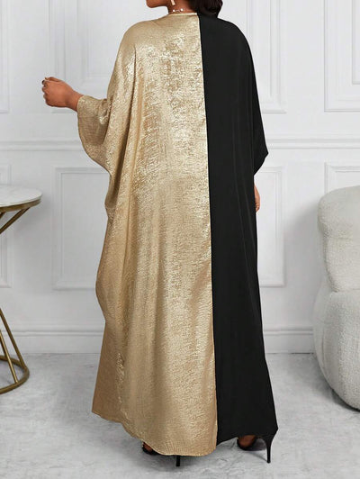 SHEIN Lady Plus Size Vrouwen Contrasterende Kleur V-hals Vleermuismouwen Lange Mouw Losse Casual Jurk, Herfst/Winter, Valentijnsdag
