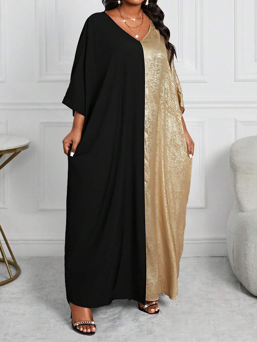 SHEIN Lady Plus Size Vrouwen Contrasterende Kleur V-hals Vleermuismouwen Lange Mouw Losse Casual Jurk, Herfst/Winter, Valentijnsdag
