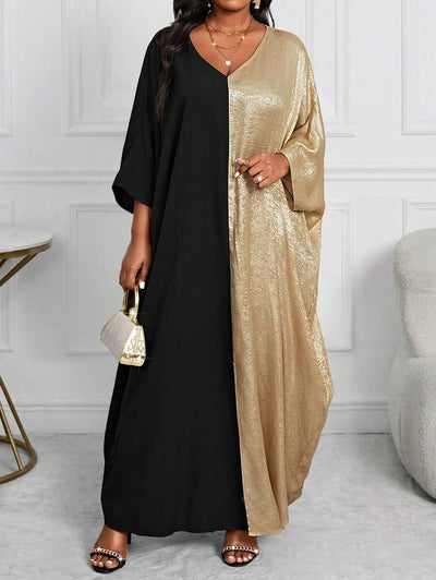 SHEIN Lady Plus Size Vrouwen Contrasterende Kleur V-hals Vleermuismouwen Lange Mouw Losse Casual Jurk, Herfst/Winter, Valentijnsdag