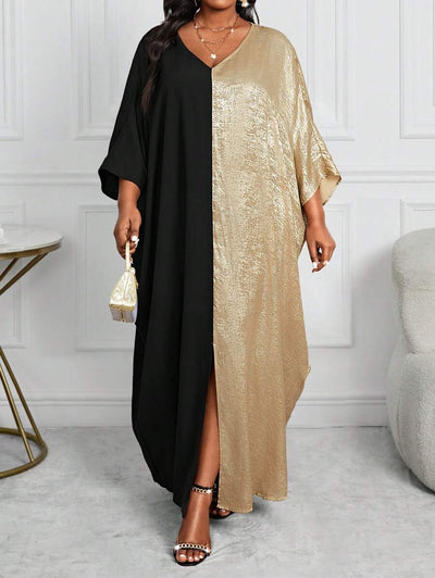 SHEIN Lady Plus Size Vrouwen Contrasterende Kleur V-hals Vleermuismouwen Lange Mouw Losse Casual Jurk, Herfst/Winter, Valentijnsdag