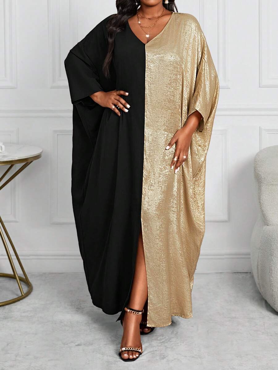SHEIN Lady Plus Size Vrouwen Contrasterende Kleur V-hals Vleermuismouwen Lange Mouw Losse Casual Jurk, Herfst/Winter, Valentijnsdag