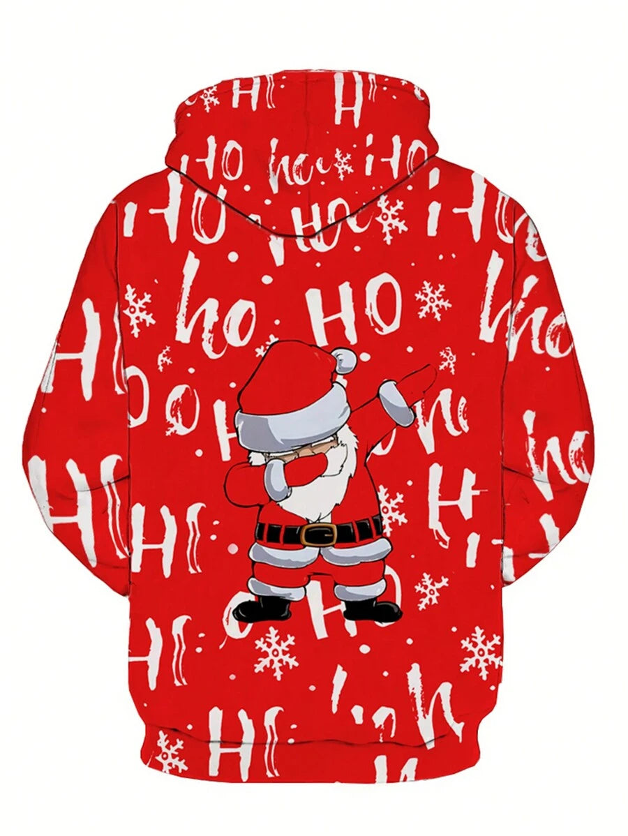 Plus Size Heren Kerst Kerstman Grafische Print Hoodie Sweatshirt Met Kangoeroezak, Casual Lange Mouw Capuchon Pullover, Geschikt Voor Buiten