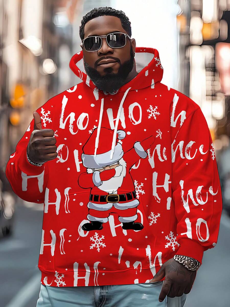 Plus Size Heren Kerst Kerstman Grafische Print Hoodie Sweatshirt Met Kangoeroezak, Casual Lange Mouw Capuchon Pullover, Geschikt Voor Buiten