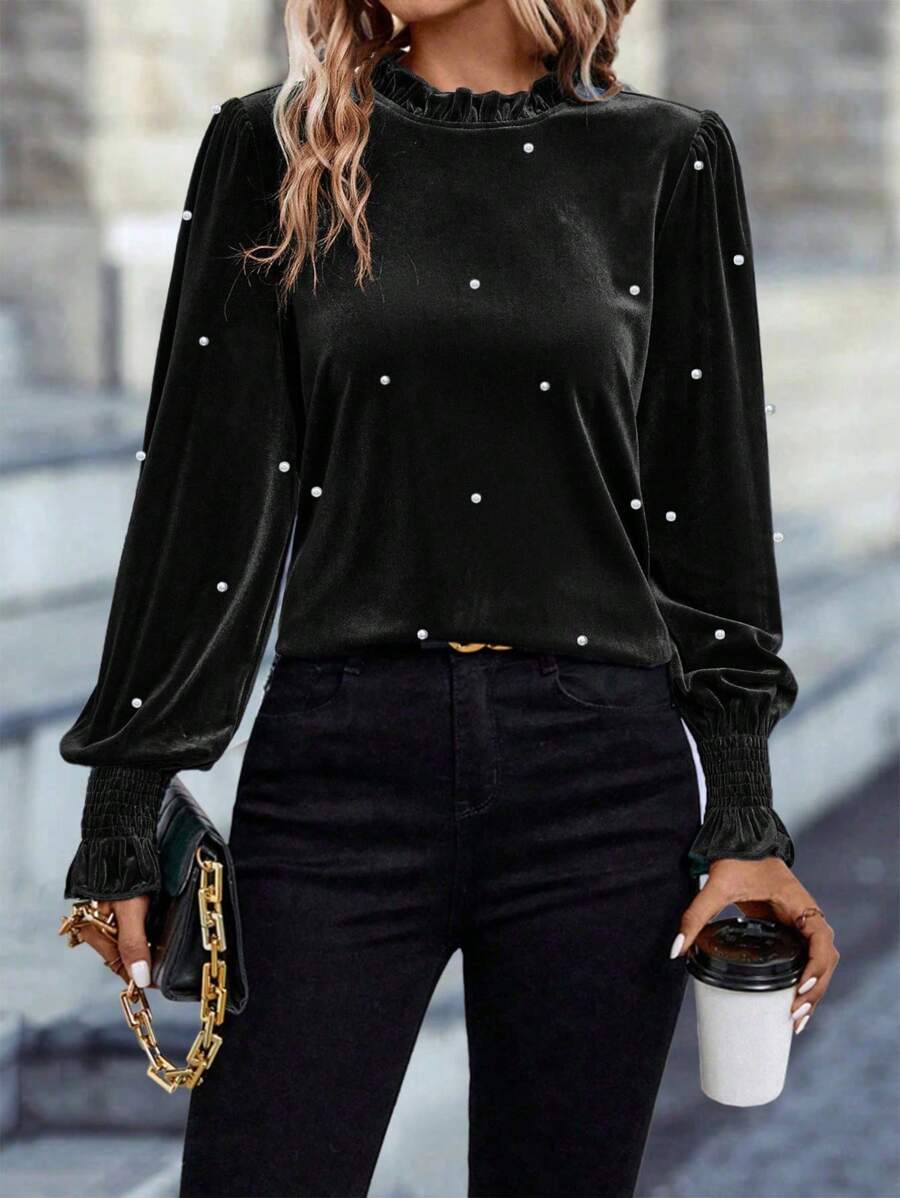 SHEIN Clasi Elegante blouse met lantaarnmouwen en parelversiering, geschikt voor herfst/winter