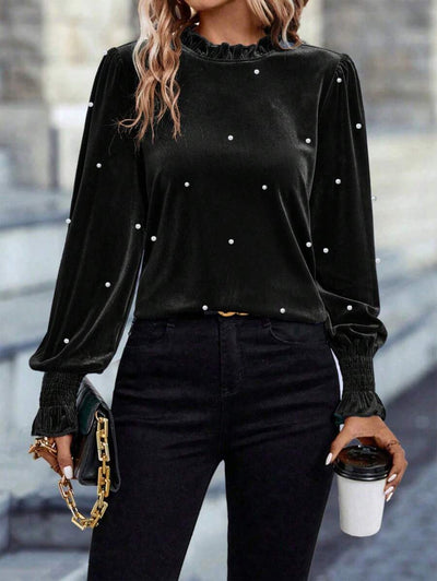 SHEIN Clasi Elegante blouse met lantaarnmouwen en parelversiering, geschikt voor herfst/winter