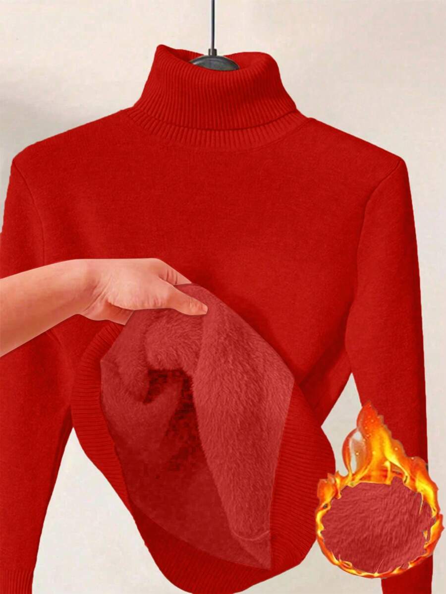 Franclia Dames Hoge Hals Effen Kleur Lange Mouw Casual Trui Met Thermische Voering, Herfst/Winter, Lange Mouw Tops