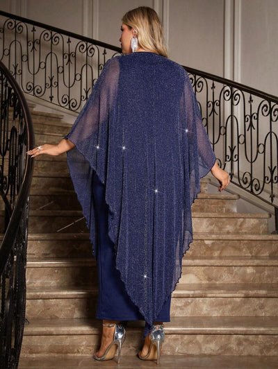 Gownix Plus Size Elegante Chiffon Jurk Lange Cape Overlay Bruiloftsgast Formele Cocktail Moeder Van Bruid Outfit