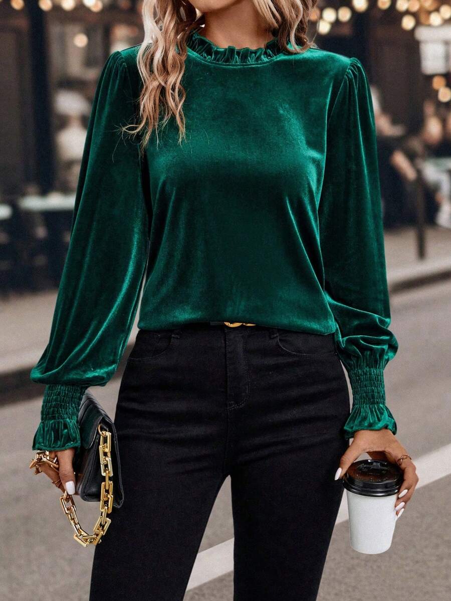SHEIN Clasi Dames effen kleur ruche rand lange mouwen casual top, dagelijks gebruik