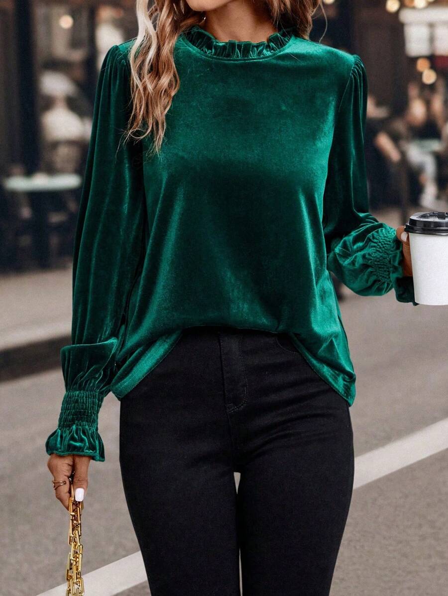 SHEIN Clasi Dames effen kleur ruche rand lange mouwen casual top, dagelijks gebruik
