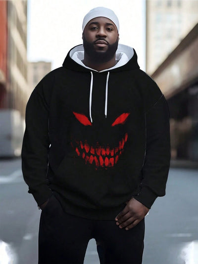 Plus Size Heren 3D Digitaal Print Evil Smiling Face Patroon Voorkant Touw Pullover Casual Sweatshirt, All-Over Print