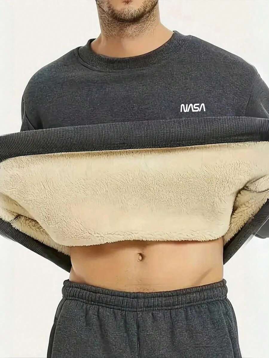 Heren Letter Print Crew Neck Sweatshirt, Losse pasvorm, Warme voering, Trendy lange mouwen voor herfst/winter