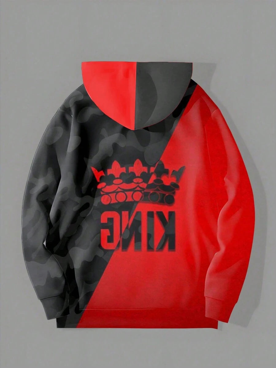 Heren Colorblock 3D digitale print "King" letterpatroon plus size hoodie met capuchon en broekset, heren top met lange mouwen en trainingsbroek sportkledingset, herfstkleding