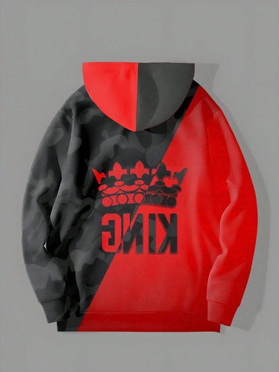 Heren Colorblock 3D digitale print "King" letterpatroon plus size hoodie met capuchon en broekset, heren top met lange mouwen en trainingsbroek sportkledingset, herfstkleding