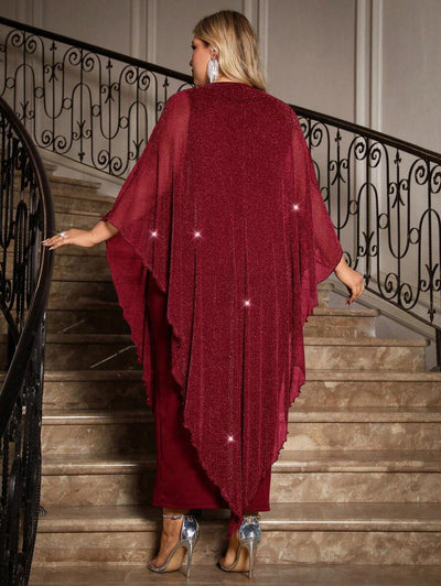 Gownix Plus Size Elegante Chiffon Jurk Lange Cape Overlay Bruiloftsgast Formele Cocktail Moeder Van Bruid Outfit