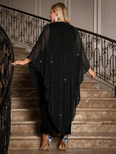 Gownix Plus Size Elegante Chiffon Jurk Lange Cape Overlay Bruiloftsgast Formele Cocktail Moeder Van Bruid Outfit
