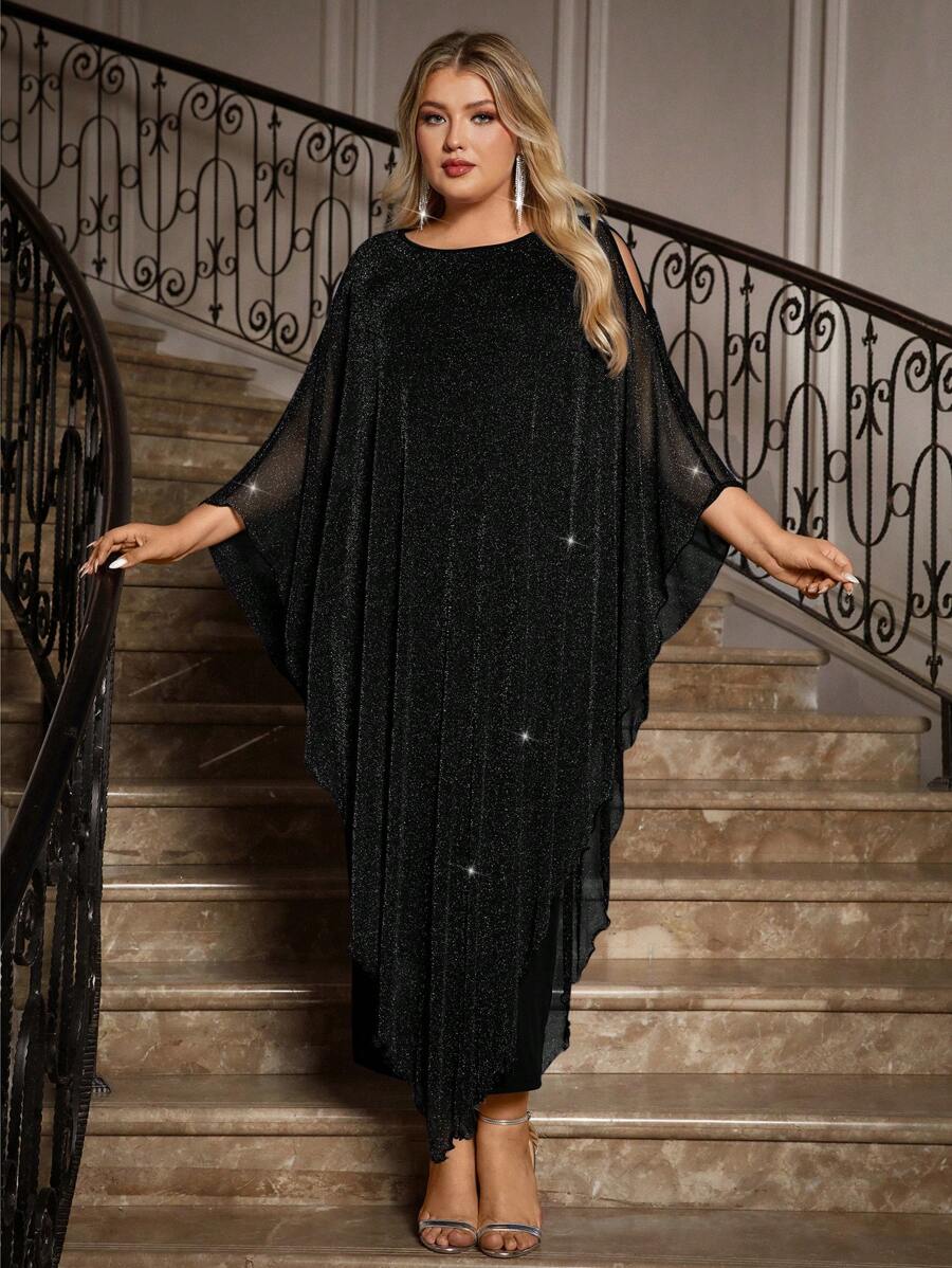 Gownix Plus Size Elegante Chiffon Jurk Lange Cape Overlay Bruiloftsgast Formele Cocktail Moeder Van Bruid Outfit