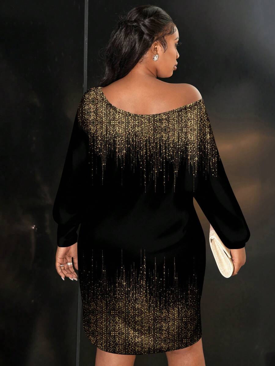 Slaydiva Plus Size Casual Eenvoudige Full-Print Zwart En Gouden Jurk