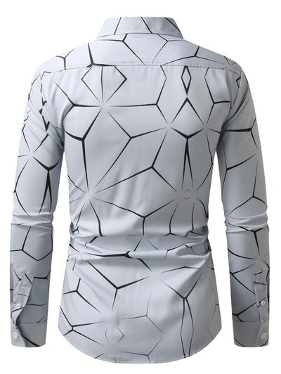 Manfinity Homme Heren Lente Geometrisch Print Casual Lange Mouw Overhemd Slim Fit Knoop Zwart Overhemd Voor Echtgenoot, Geometrische Print Heren, Heren Luxe Overhemd, Zwart Geometrisch Overhemd, Voor De Herfst