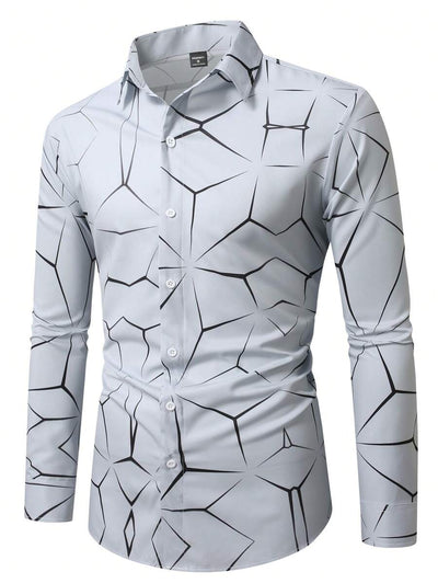 Manfinity Homme Heren Lente Geometrisch Print Casual Lange Mouw Overhemd Slim Fit Knoop Zwart Overhemd Voor Echtgenoot, Geometrische Print Heren, Heren Luxe Overhemd, Zwart Geometrisch Overhemd, Voor De Herfst