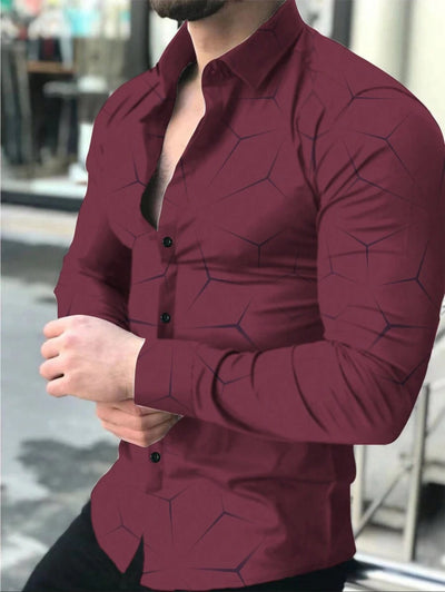 Manfinity Homme Heren Lente Geometrisch Print Casual Lange Mouw Overhemd Slim Fit Knoop Zwart Overhemd Voor Echtgenoot, Geometrische Print Heren, Heren Luxe Overhemd, Zwart Geometrisch Overhemd, Voor De Herfst