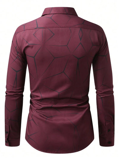 Manfinity Homme Heren Lente Geometrisch Print Casual Lange Mouw Overhemd Slim Fit Knoop Zwart Overhemd Voor Echtgenoot, Geometrische Print Heren, Heren Luxe Overhemd, Zwart Geometrisch Overhemd, Voor De Herfst