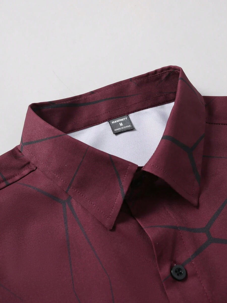 Manfinity Homme Heren Lente Geometrisch Print Casual Lange Mouw Overhemd Slim Fit Knoop Zwart Overhemd Voor Echtgenoot, Geometrische Print Heren, Heren Luxe Overhemd, Zwart Geometrisch Overhemd, Voor De Herfst