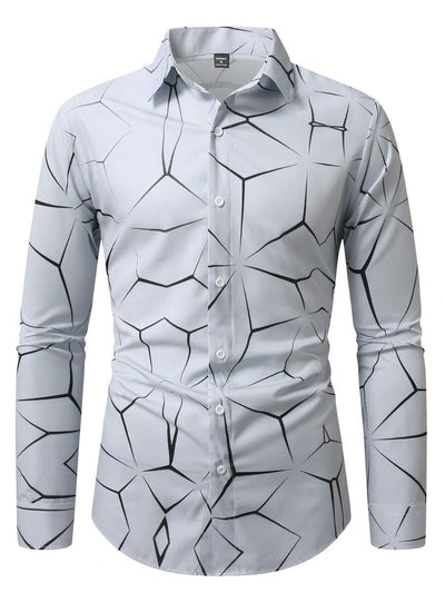 Manfinity Homme Heren Lente Geometrisch Print Casual Lange Mouw Overhemd Slim Fit Knoop Zwart Overhemd Voor Echtgenoot, Geometrische Print Heren, Heren Luxe Overhemd, Zwart Geometrisch Overhemd, Voor De Herfst