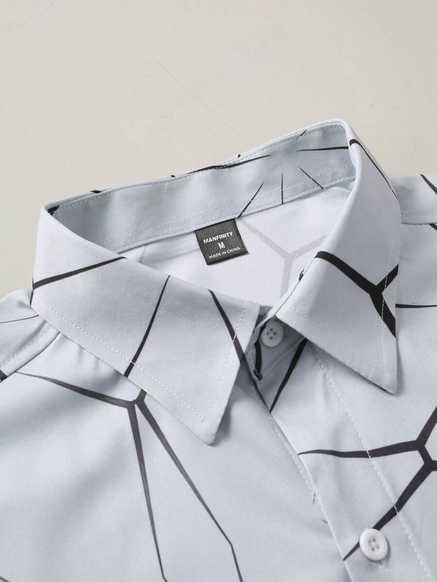 Manfinity Homme Heren Lente Geometrisch Print Casual Lange Mouw Overhemd Slim Fit Knoop Zwart Overhemd Voor Echtgenoot, Geometrische Print Heren, Heren Luxe Overhemd, Zwart Geometrisch Overhemd, Voor De Herfst