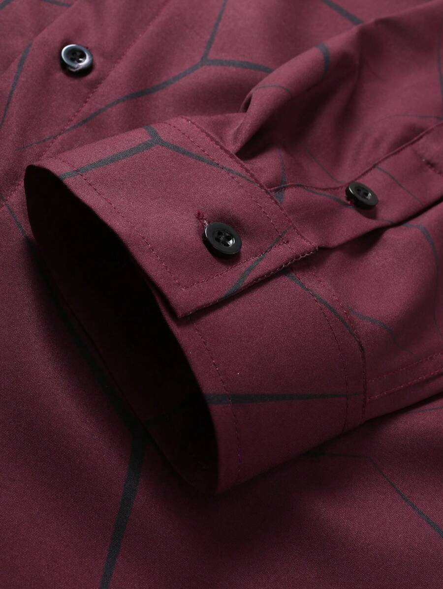 Manfinity Homme Heren Lente Geometrisch Print Casual Lange Mouw Overhemd Slim Fit Knoop Zwart Overhemd Voor Echtgenoot, Geometrische Print Heren, Heren Luxe Overhemd, Zwart Geometrisch Overhemd, Voor De Herfst
