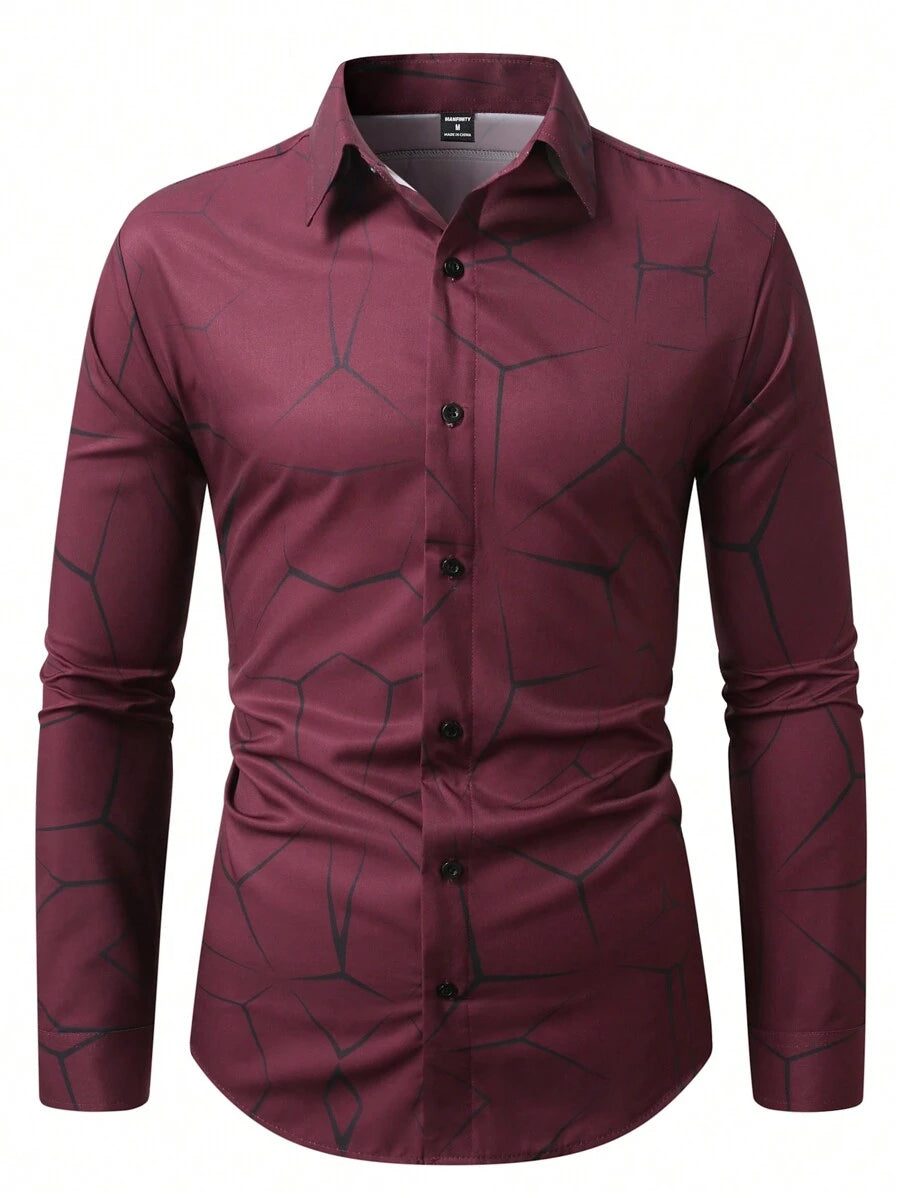 Manfinity Homme Heren Lente Geometrisch Print Casual Lange Mouw Overhemd Slim Fit Knoop Zwart Overhemd Voor Echtgenoot, Geometrische Print Heren, Heren Luxe Overhemd, Zwart Geometrisch Overhemd, Voor De Herfst