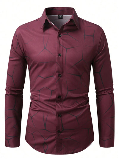 Manfinity Homme Heren Lente Geometrisch Print Casual Lange Mouw Overhemd Slim Fit Knoop Zwart Overhemd Voor Echtgenoot, Geometrische Print Heren, Heren Luxe Overhemd, Zwart Geometrisch Overhemd, Voor De Herfst