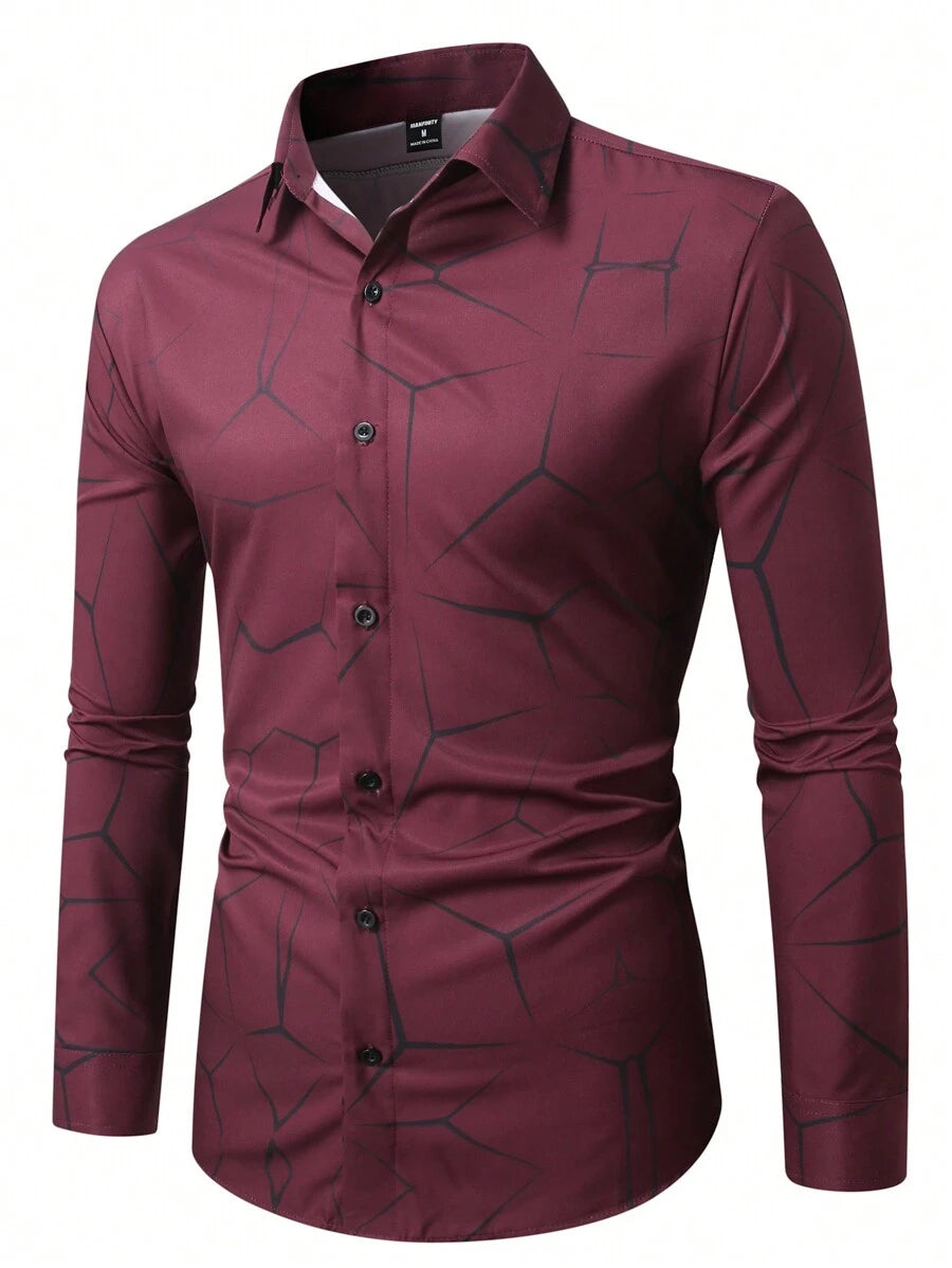 Manfinity Homme Heren Lente Geometrisch Print Casual Lange Mouw Overhemd Slim Fit Knoop Zwart Overhemd Voor Echtgenoot, Geometrische Print Heren, Heren Luxe Overhemd, Zwart Geometrisch Overhemd, Voor De Herfst