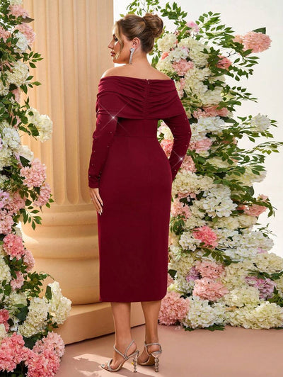 SHEIN Belle Plus Size Elegante Versierde Schouder Ruffle Front Getailleerde Mid-Lengte Rode Cocktailjurk, Bruiloftsgastjurk, Feestjurk