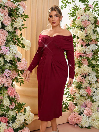 SHEIN Belle Plus Size Elegante Versierde Schouder Ruffle Front Getailleerde Mid-Lengte Rode Cocktailjurk, Bruiloftsgastjurk, Feestjurk