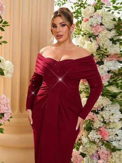 SHEIN Belle Plus Size Elegante Versierde Schouder Ruffle Front Getailleerde Mid-Lengte Rode Cocktailjurk, Bruiloftsgastjurk, Feestjurk