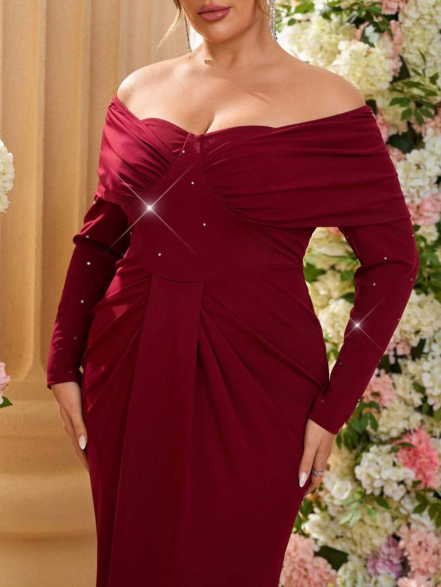 SHEIN Belle Plus Size Elegante Versierde Schouder Ruffle Front Getailleerde Mid-Lengte Rode Cocktailjurk, Bruiloftsgastjurk, Feestjurk