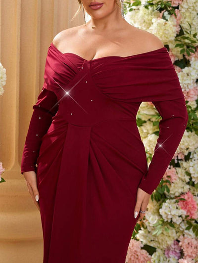SHEIN Belle Plus Size Elegante Versierde Schouder Ruffle Front Getailleerde Mid-Lengte Rode Cocktailjurk, Bruiloftsgastjurk, Feestjurk