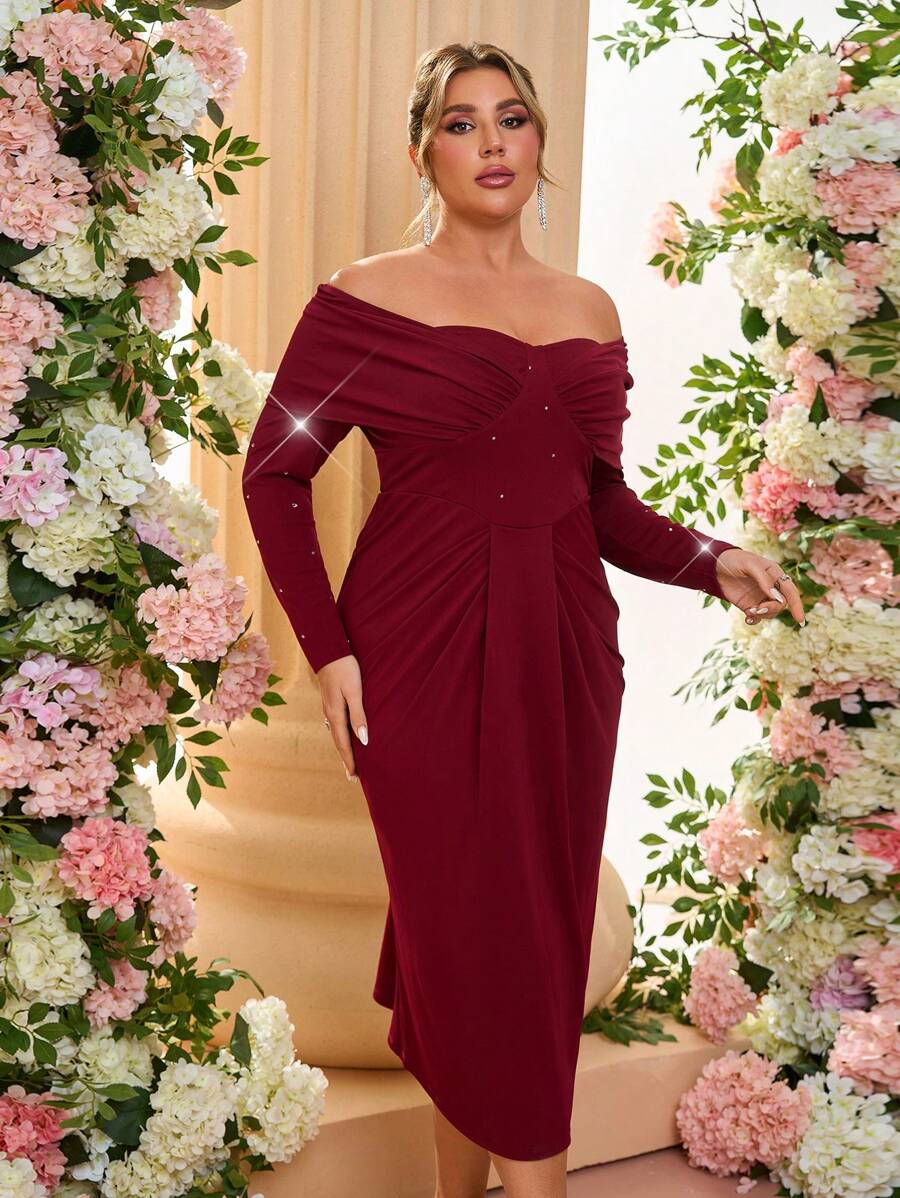 SHEIN Belle Plus Size Elegante Versierde Schouder Ruffle Front Getailleerde Mid-Lengte Rode Cocktailjurk, Bruiloftsgastjurk, Feestjurk