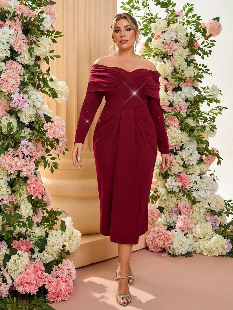 SHEIN Belle Plus Size Elegante Versierde Schouder Ruffle Front Getailleerde Mid-Lengte Rode Cocktailjurk, Bruiloftsgastjurk, Feestjurk
