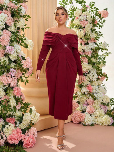 SHEIN Belle Plus Size Elegante Versierde Schouder Ruffle Front Getailleerde Mid-Lengte Rode Cocktailjurk, Bruiloftsgastjurk, Feestjurk