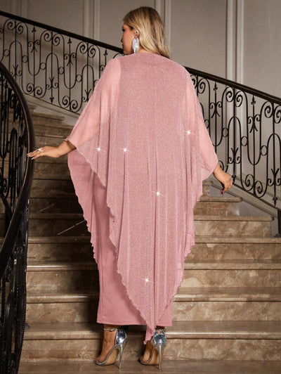 Gownix Plus Size Elegante Chiffon Jurk Lange Cape Overlay Bruiloftsgast Formele Cocktail Moeder Van Bruid Outfit