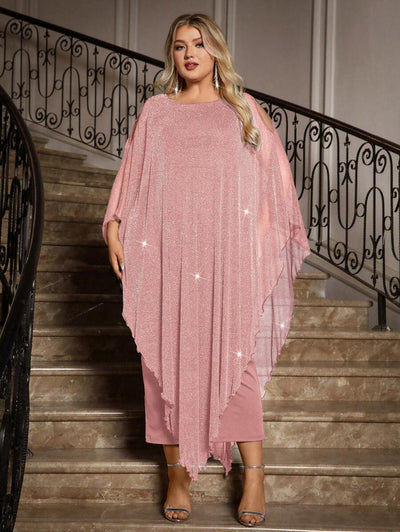Gownix Plus Size Elegante Chiffon Jurk Lange Cape Overlay Bruiloftsgast Formele Cocktail Moeder Van Bruid Outfit