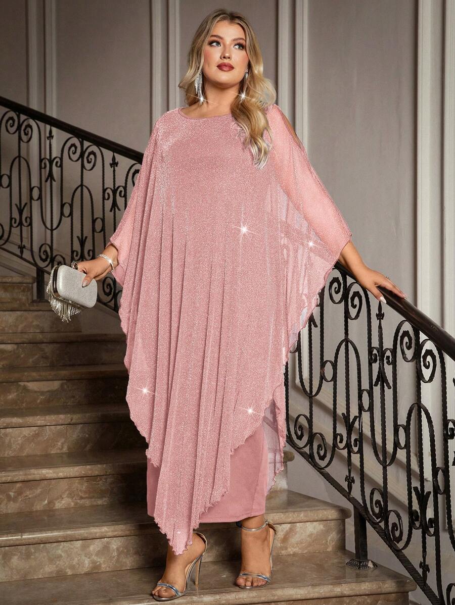 Gownix Plus Size Elegante Chiffon Jurk Lange Cape Overlay Bruiloftsgast Formele Cocktail Moeder Van Bruid Outfit