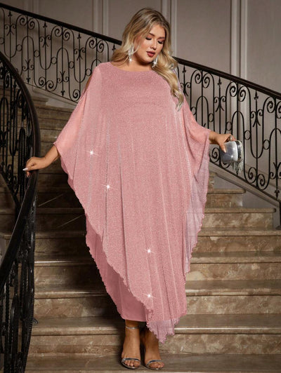 Gownix Plus Size Elegante Chiffon Jurk Lange Cape Overlay Bruiloftsgast Formele Cocktail Moeder Van Bruid Outfit