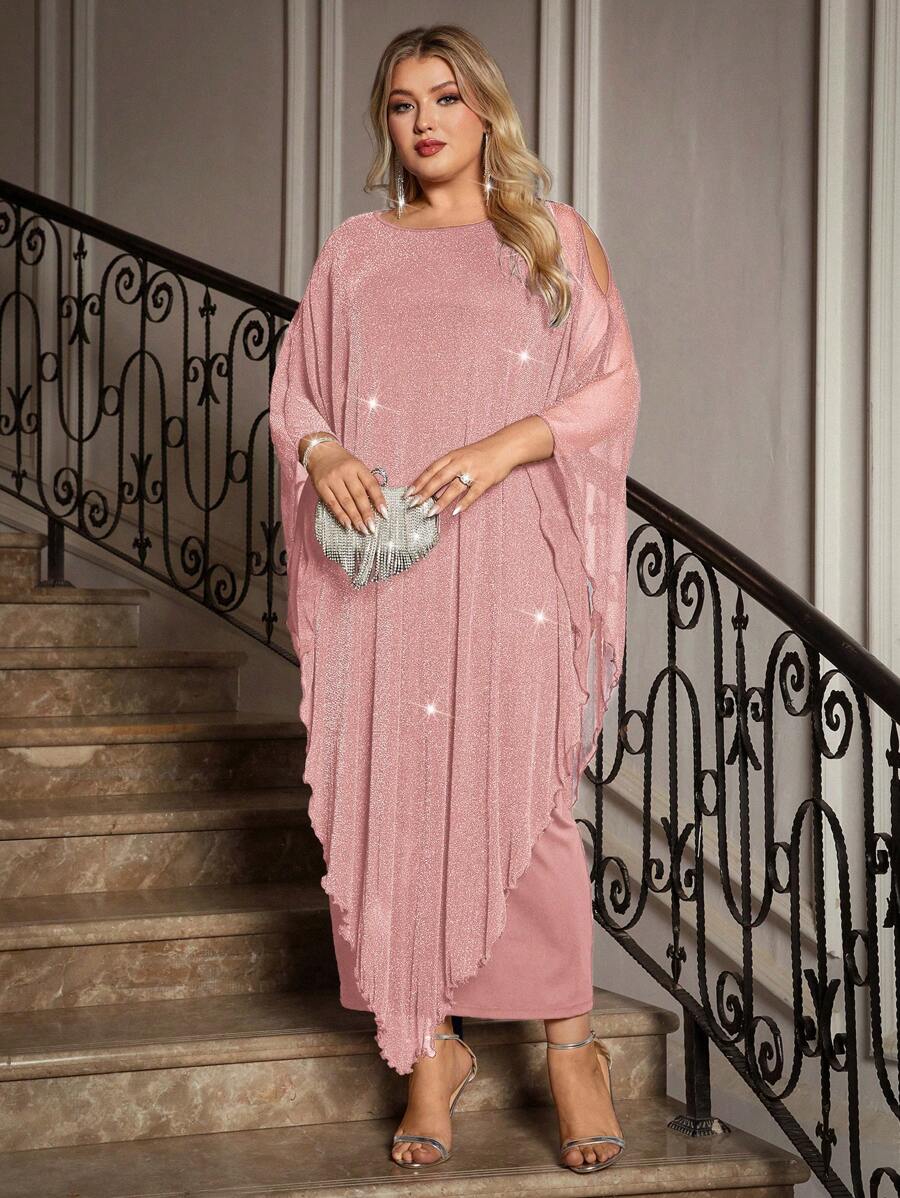 Gownix Plus Size Elegante Chiffon Jurk Lange Cape Overlay Bruiloftsgast Formele Cocktail Moeder Van Bruid Outfit