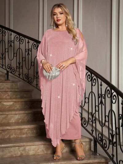 Gownix Plus Size Elegante Chiffon Jurk Lange Cape Overlay Bruiloftsgast Formele Cocktail Moeder Van Bruid Outfit