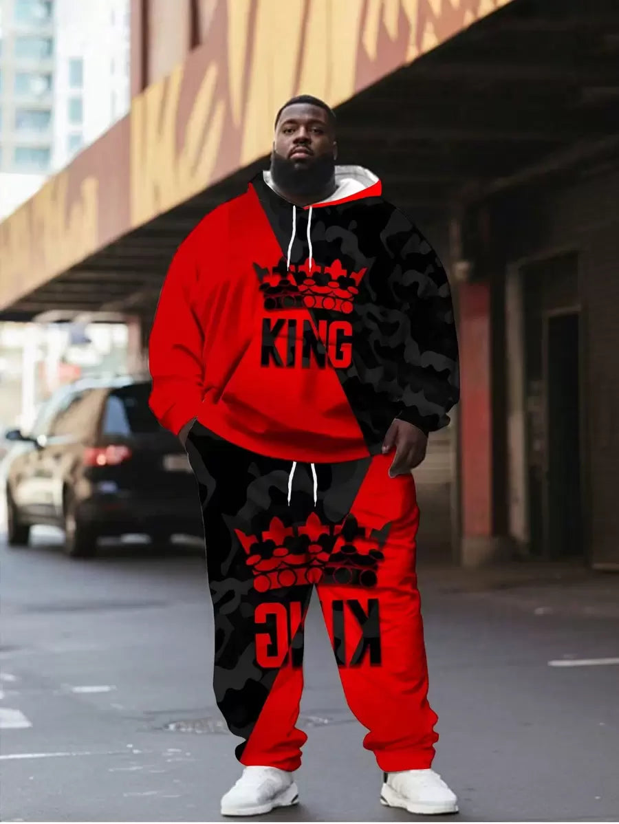 Heren Colorblock 3D digitale print "King" letterpatroon plus size hoodie met capuchon en broekset, heren top met lange mouwen en trainingsbroek sportkledingset, herfstkleding
