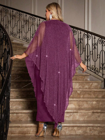 Gownix Plus Size Elegante Chiffon Jurk Lange Cape Overlay Bruiloftsgast Formele Cocktail Moeder Van Bruid Outfit